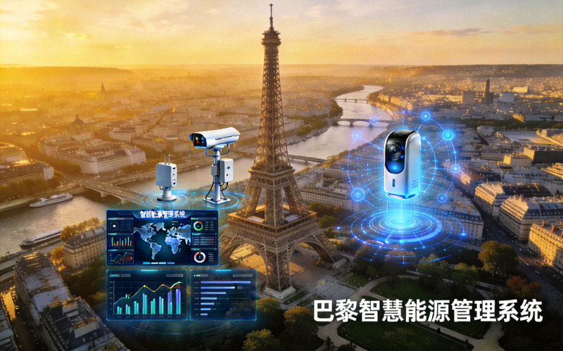 法国巴黎城市景观，埃菲尔铁塔与智慧能源管理系统展示