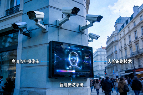 欧洲城市智能安防系统，高清监控摄像头与人脸识别技术应用