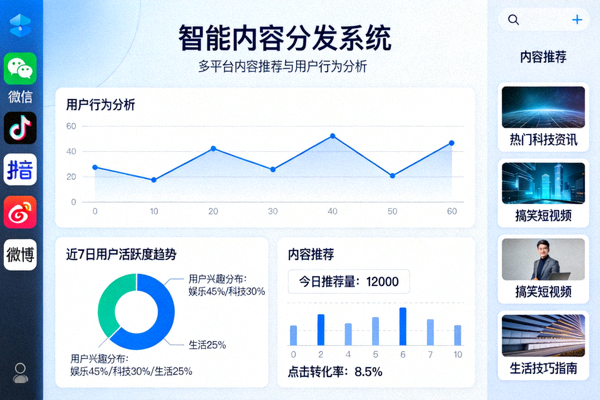 智能内容分发系统，多平台内容推荐与用户行为分析界面
