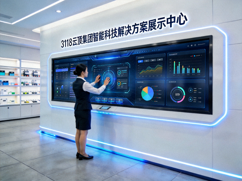 3118云顶集团智能科技解决方案展示中心，工作人员操作大型触控屏幕演示系统功能