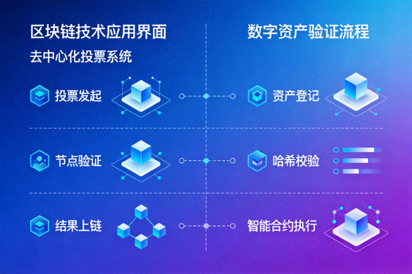 区块链技术应用界面，展示去中心化投票系统和数字资产验证流程