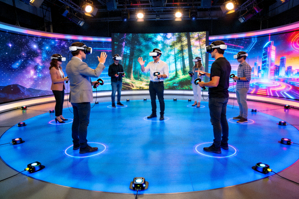 VR虚拟现实演播厅，佩戴VR设备的嘉宾在虚拟场景中进行综艺录制